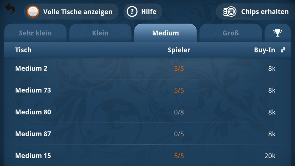 Appeak Tischauswahl
