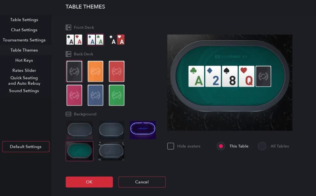Einstellungen Table Themes