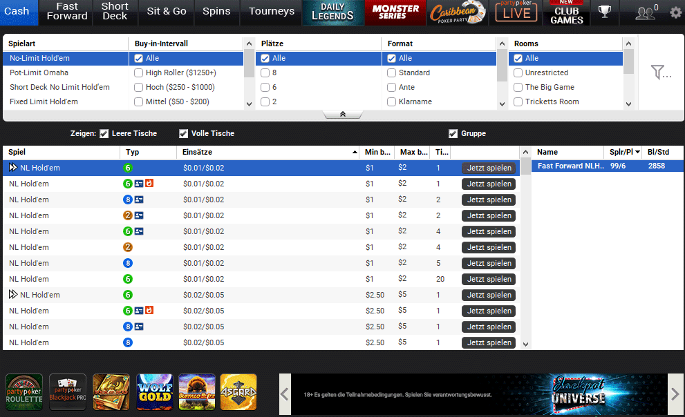 PartyPoker Cash Game Lobby
