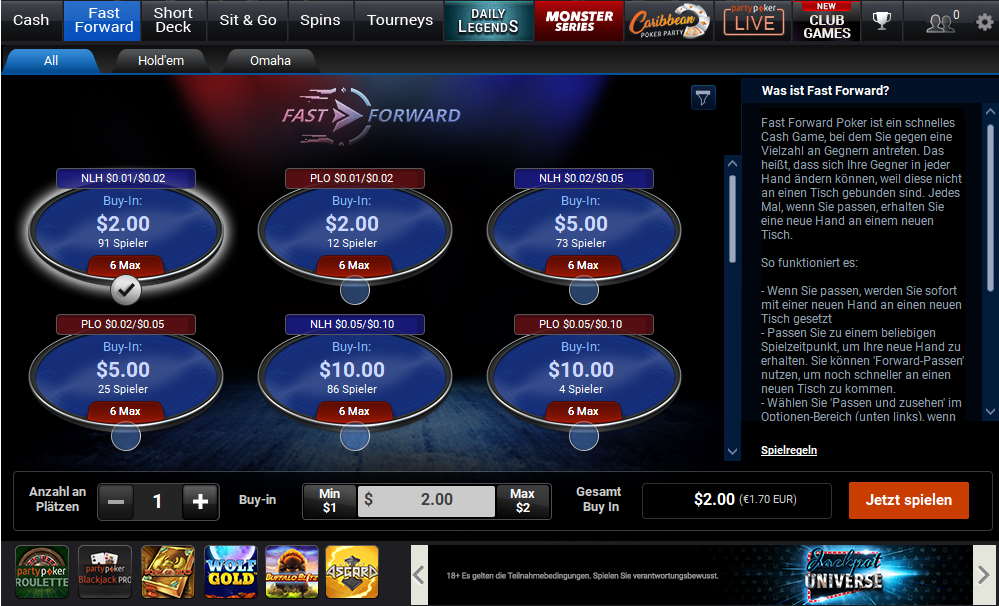 PartyPoker Fast Forward Lobby