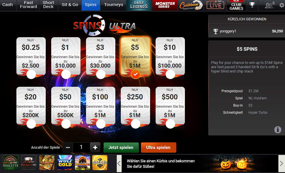 PartyPoker Spin Ultra Lobby
