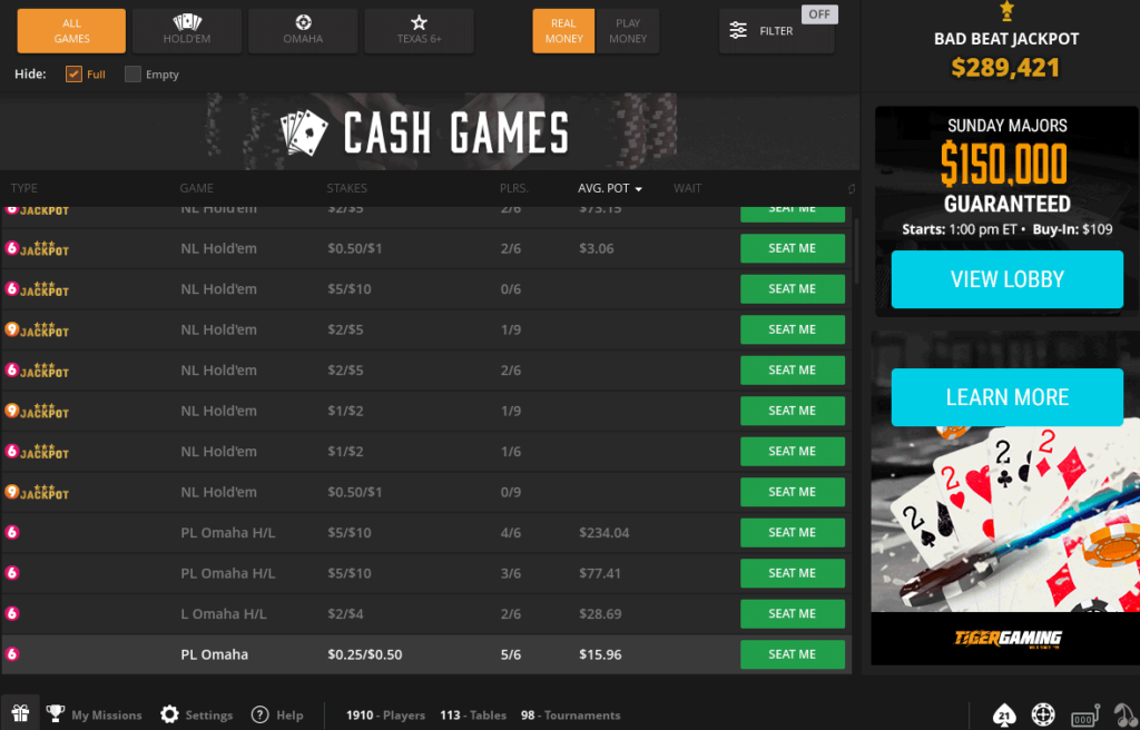 Cash Game Auswahl
