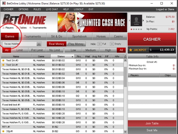 Cashgame Auswahl